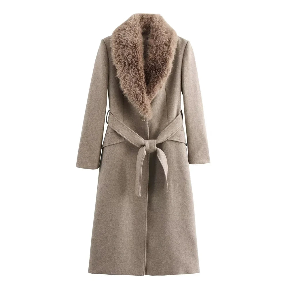Amelie Belted Fur-Collar Coat
