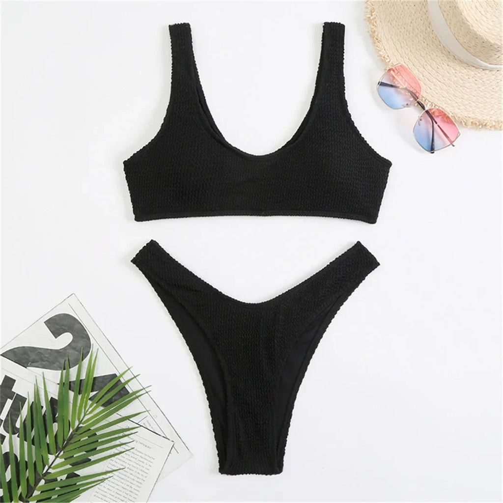 High Cut Wrinkled Bikini Set Black