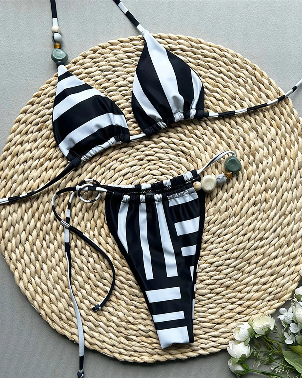 Halter Striped High Leg Bikini Set Black White