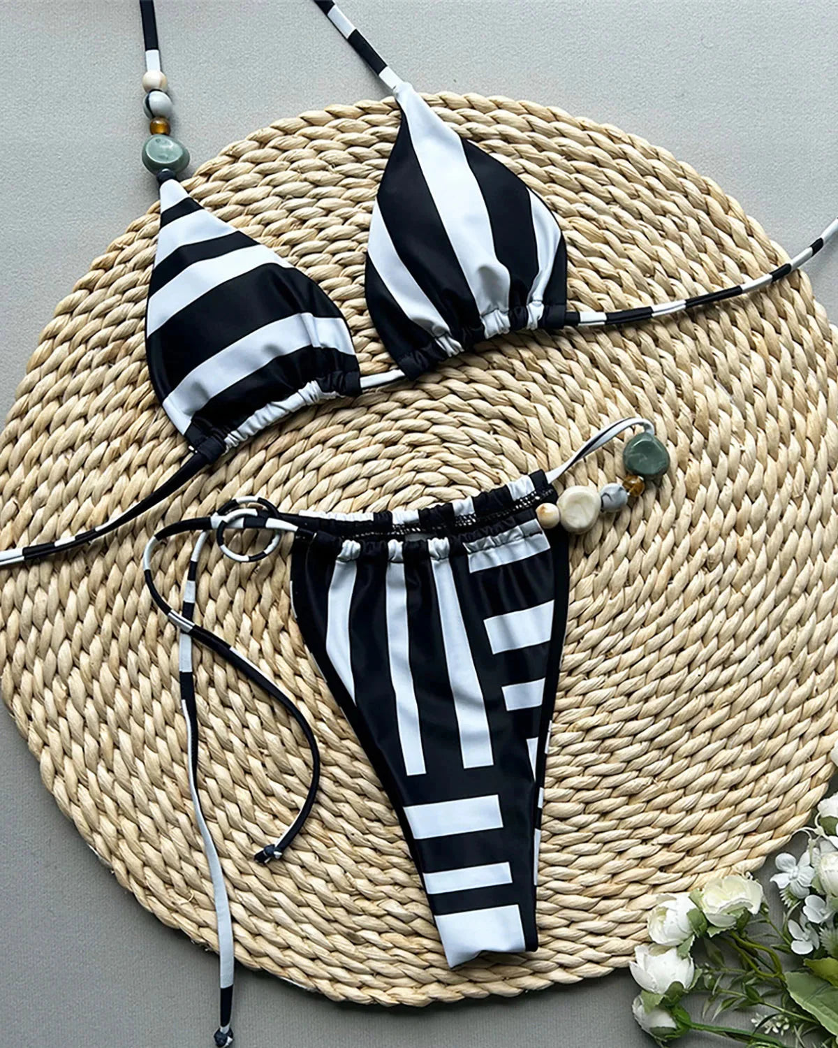 Halter Striped High Leg Bikini Set Black White
