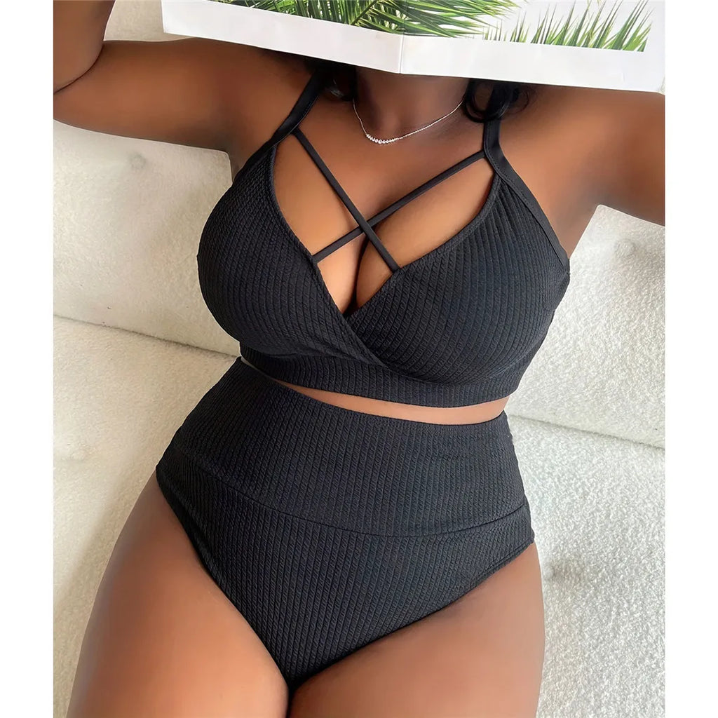 Ribbed Large Size Bikini Set Black