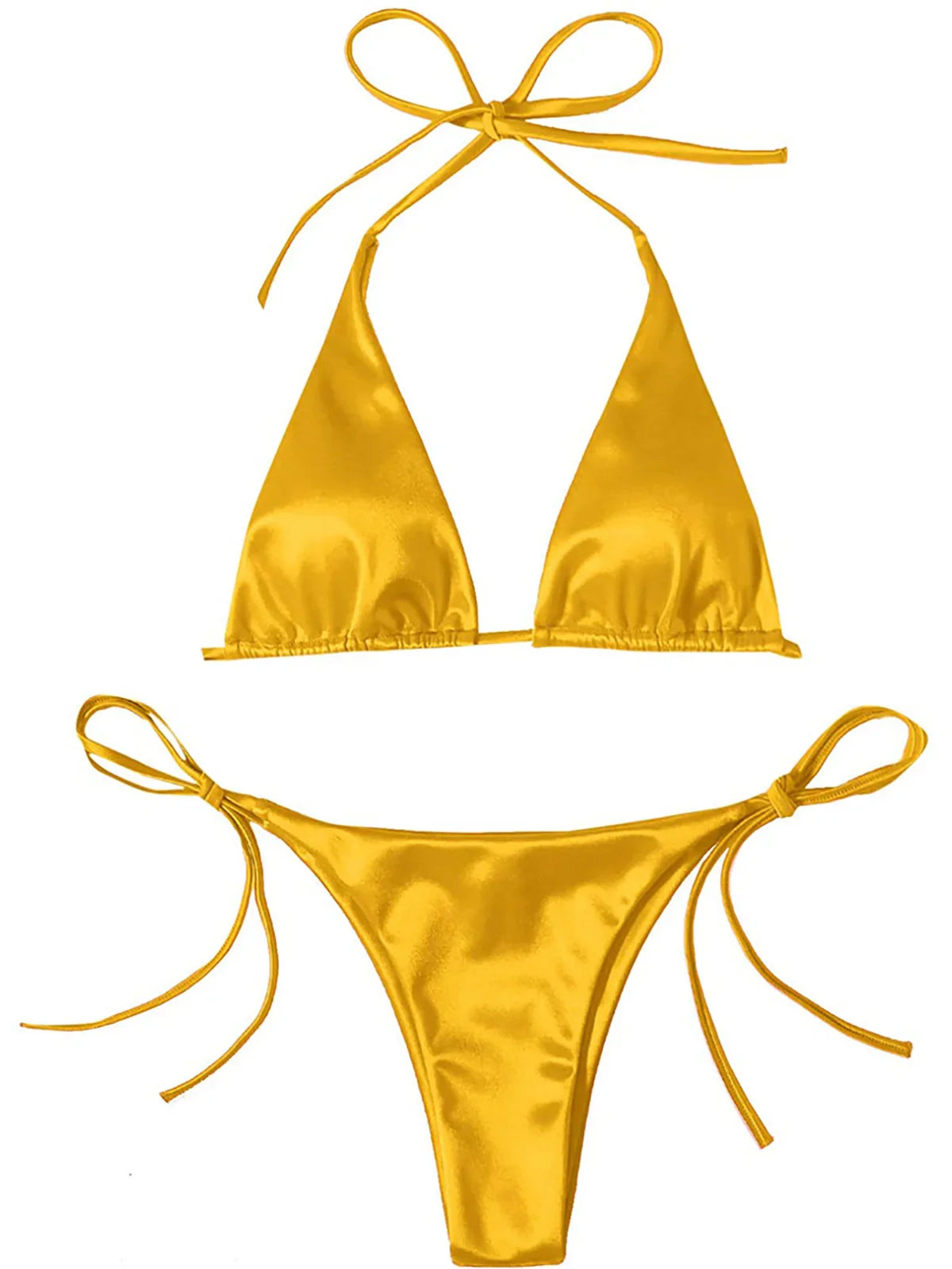 Satin Halter Brazilian Bikini Set Yellow