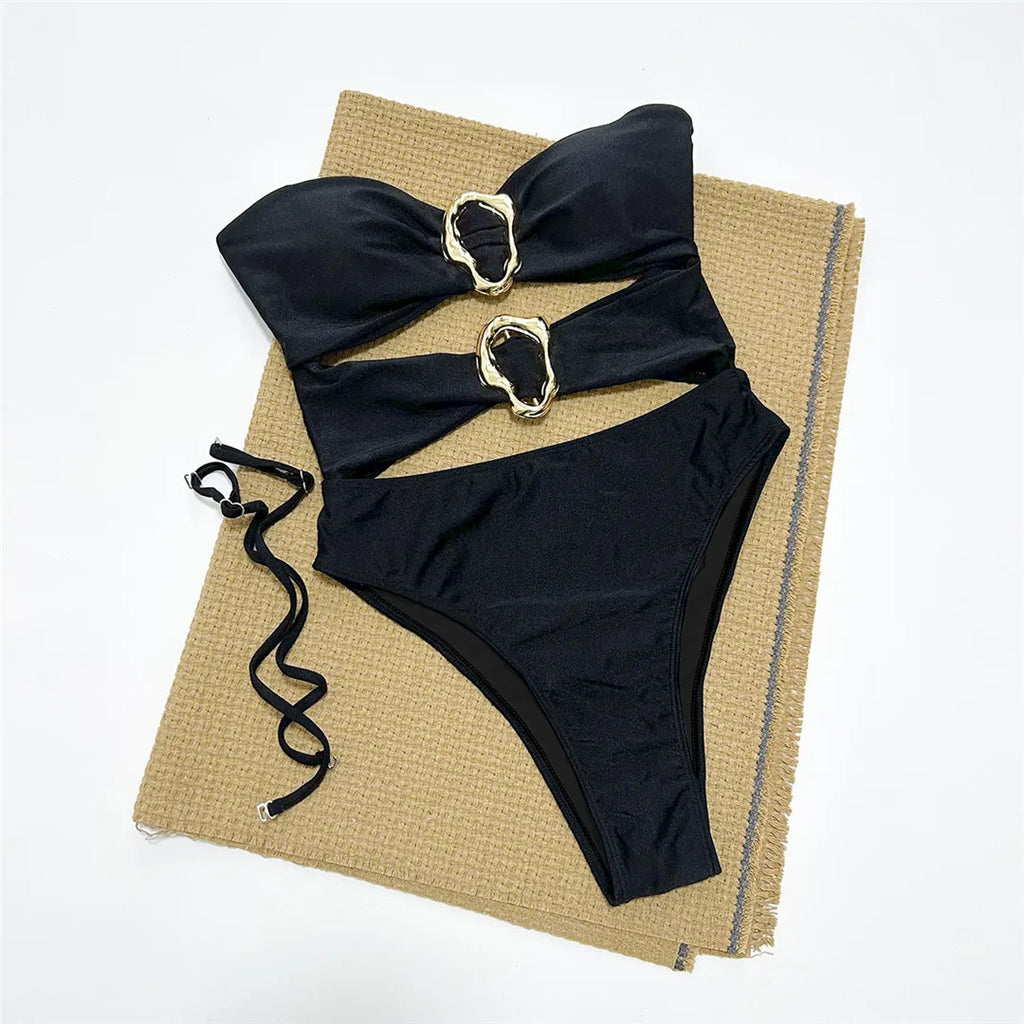 Metal Rings Cut Out One Piece Swimsuit Black