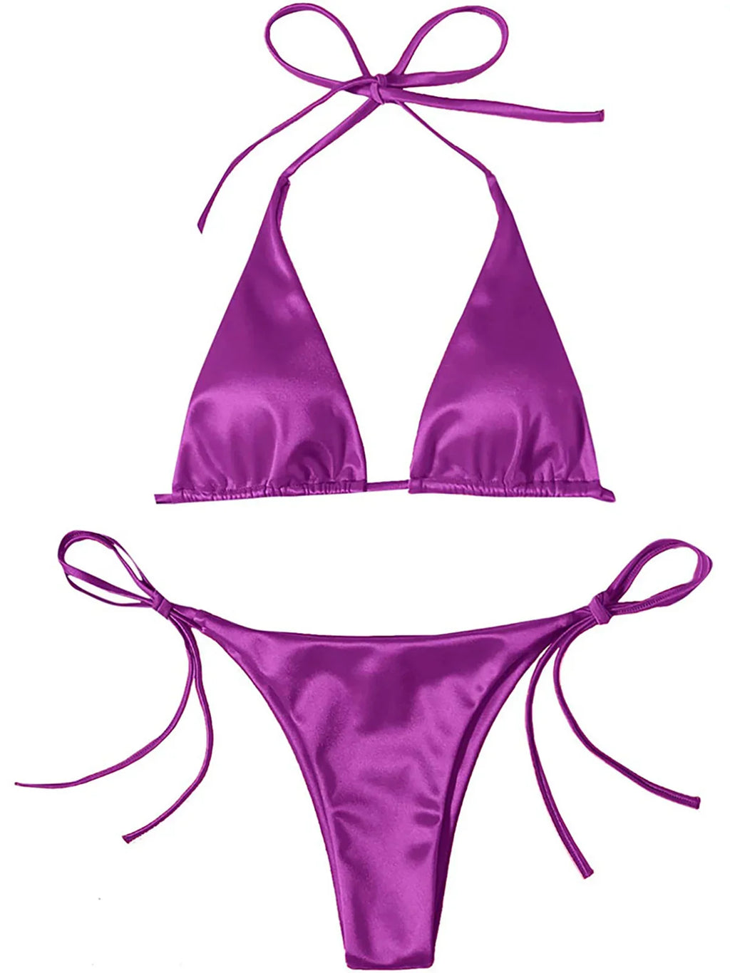 Satin Halter Brazilian Bikini Set Purple