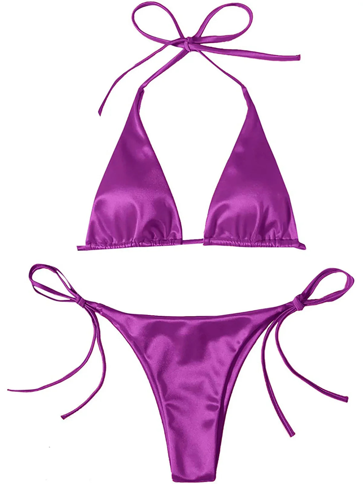 Satin Halter Brazilian Bikini Set Purple