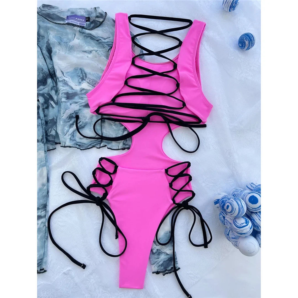 Cut Out Lace-Up One Piece Swimsuit