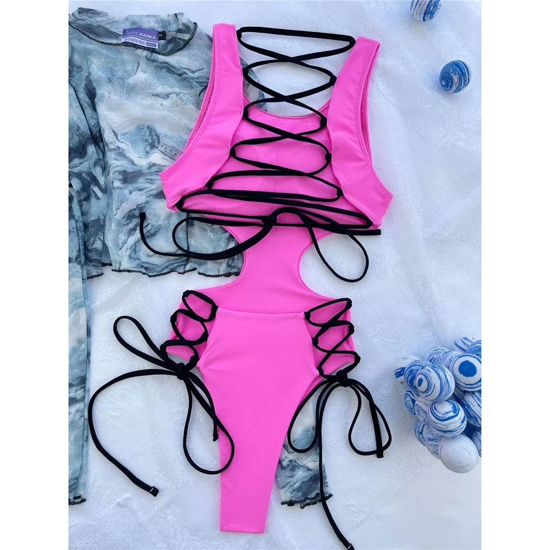 Cut Out Lace-Up One Piece Swimsuit