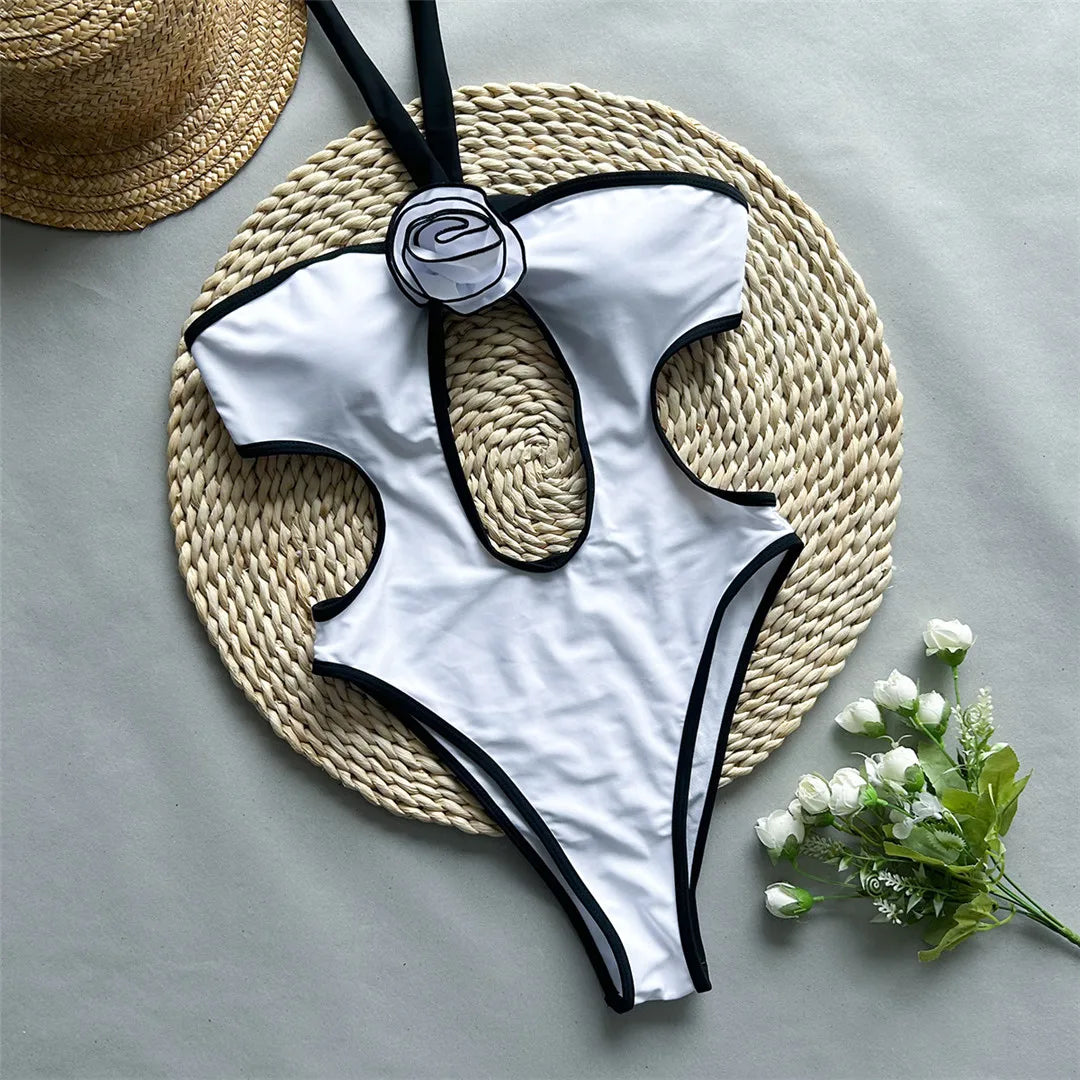3D Flower Halter One Piece Swimsuit