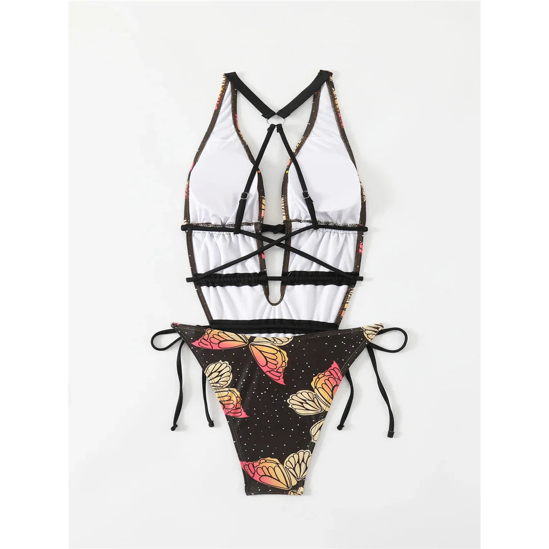 Butterfly Print Deep V Swimsuit