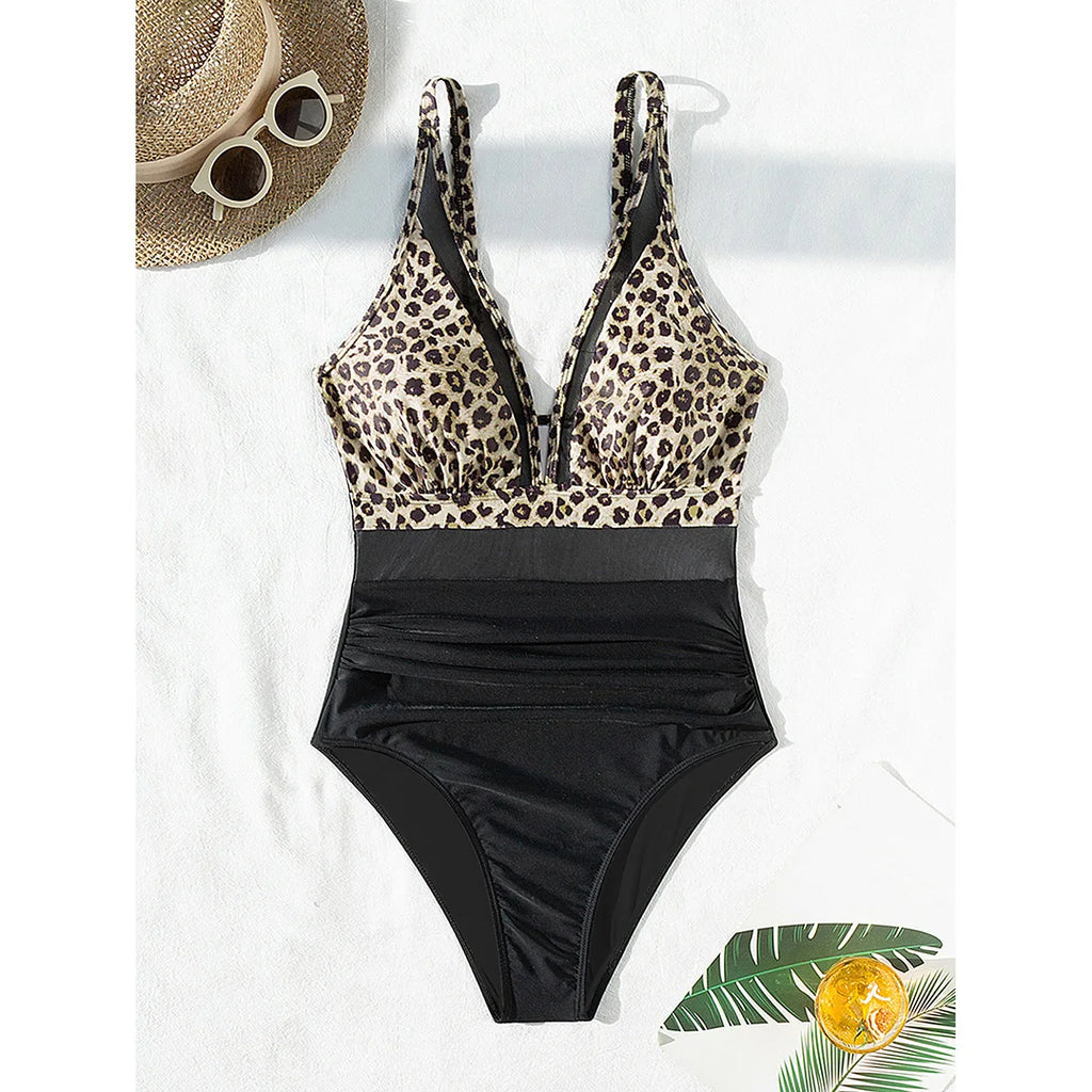 Mesh Leopard Print Monokini V-Neck Leopard