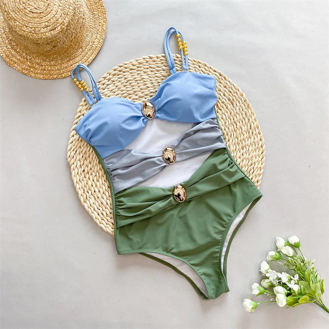Splicing Knotted Skirt Monokini Swimsuit Green