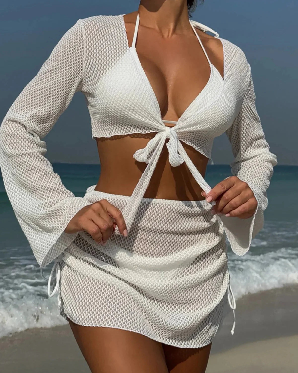 Long Sleeve Halter Bikini Set White