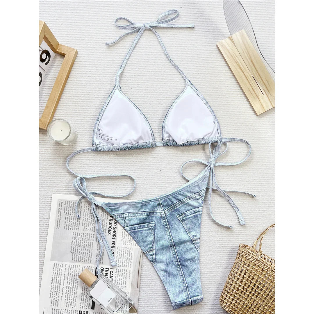 Denim Printed Halter Bikini