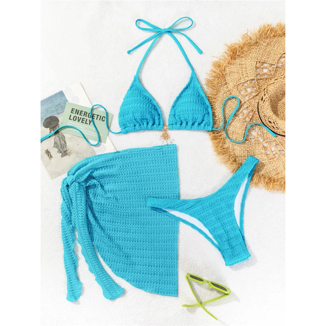 Halter Wrinkled Bikini Set Lake Blue
