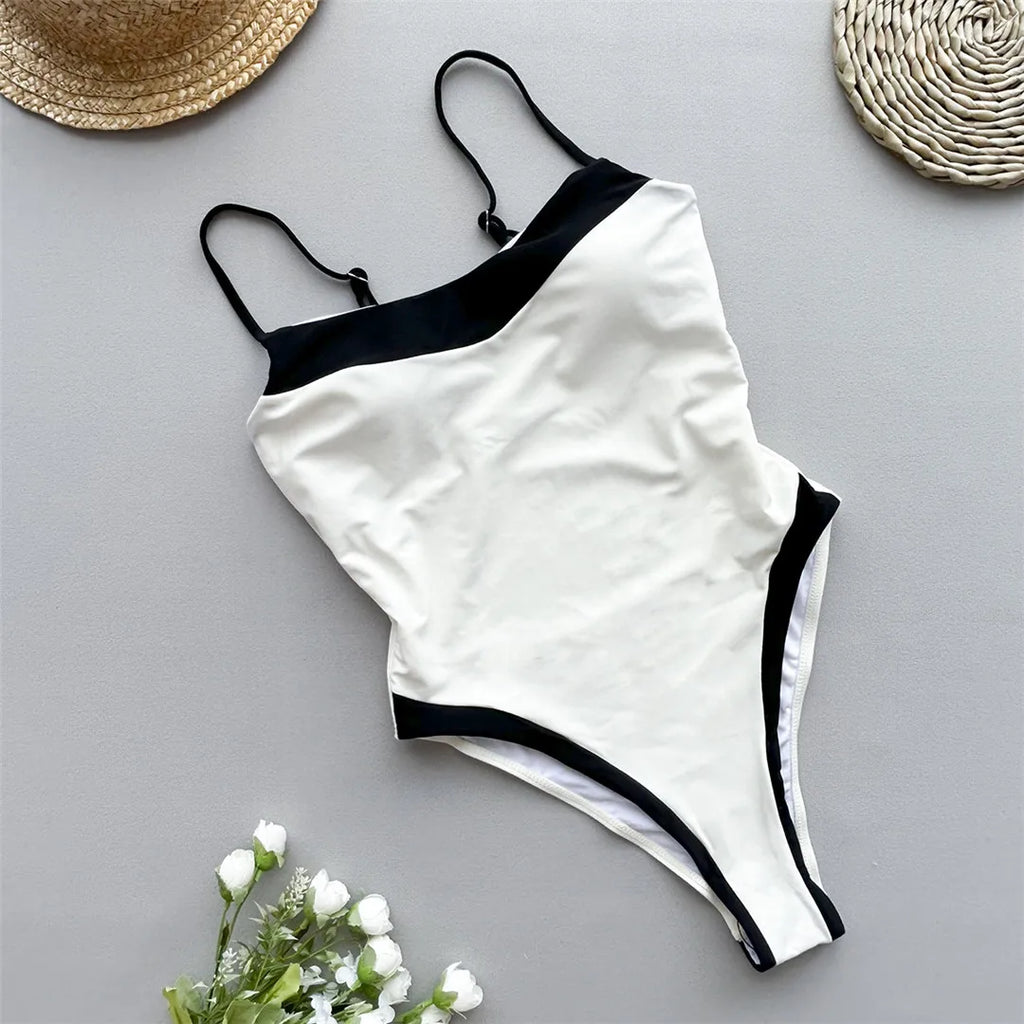 Splicing Solid High Leg One Piece Swimsuit Beige