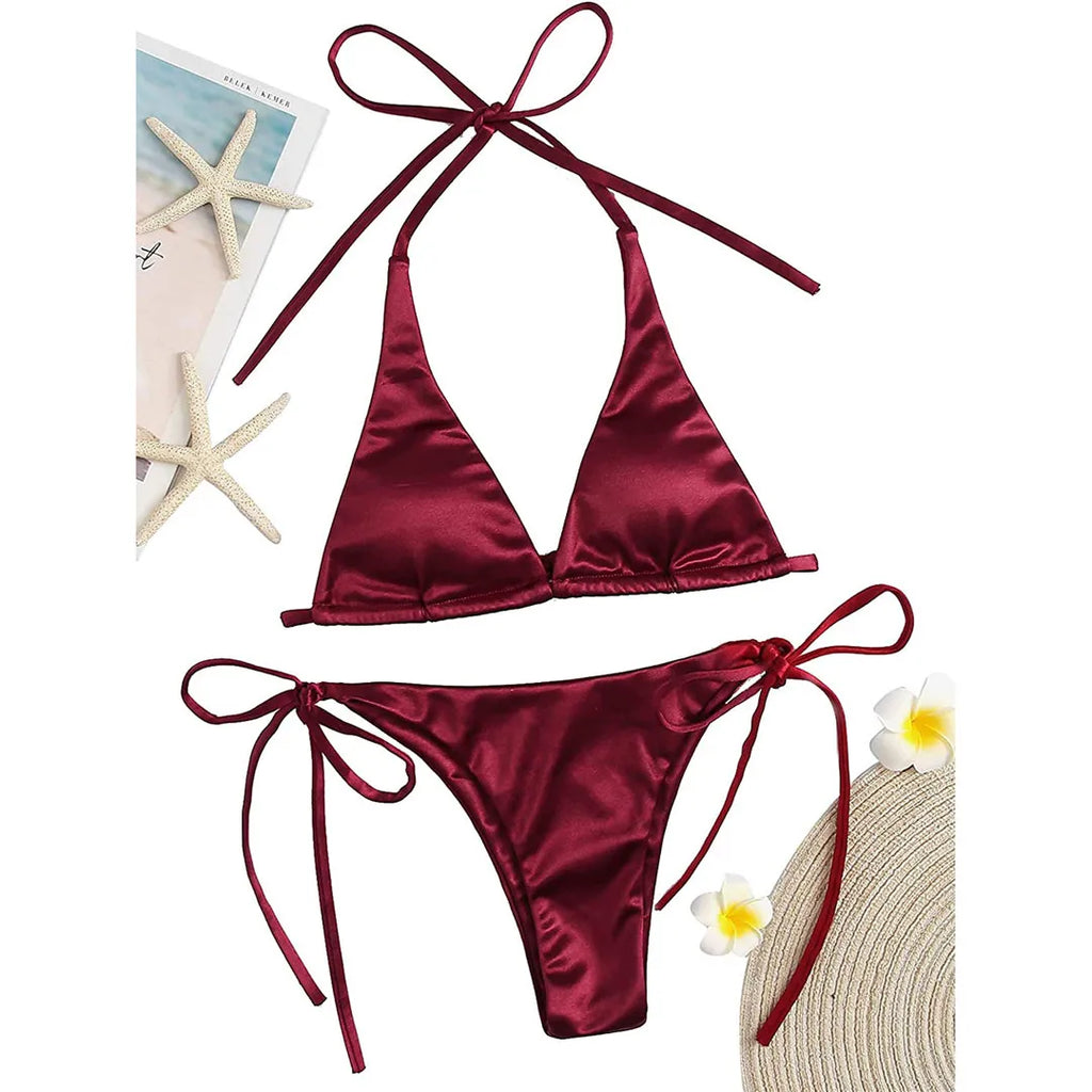 Satin Halter Brazilian Bikini Set Wine Red