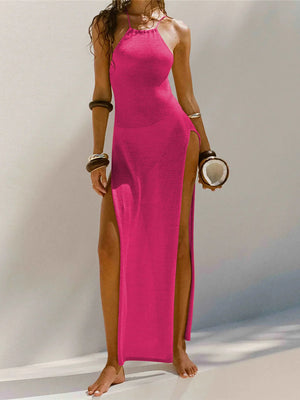 High Slit Crochet Beach Dress Hot Pink