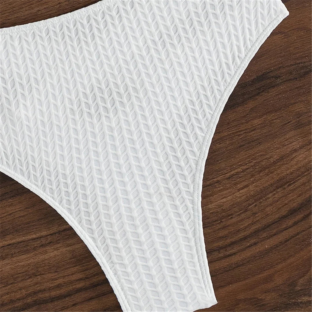 Wrinkled V Neck High-Waist Bikini Set