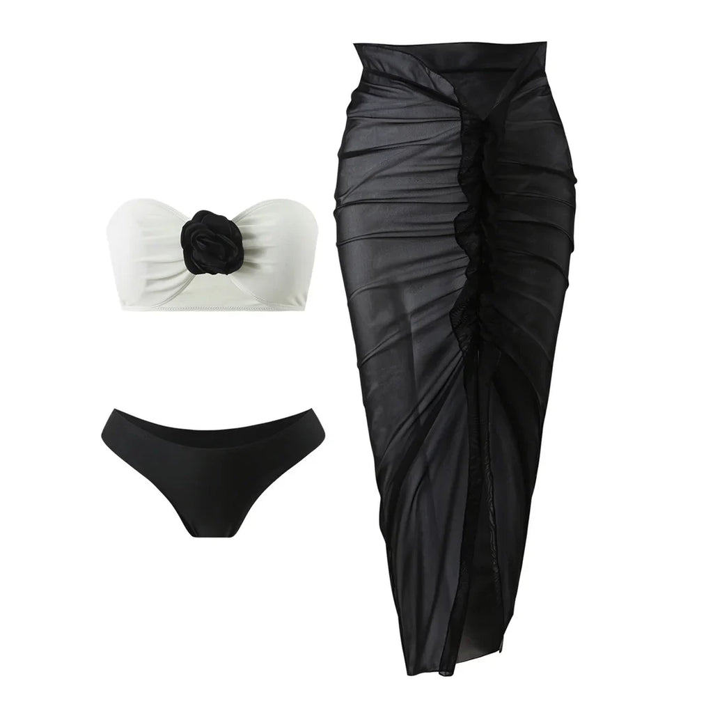 3D Flowers Bandeau Bikini Set