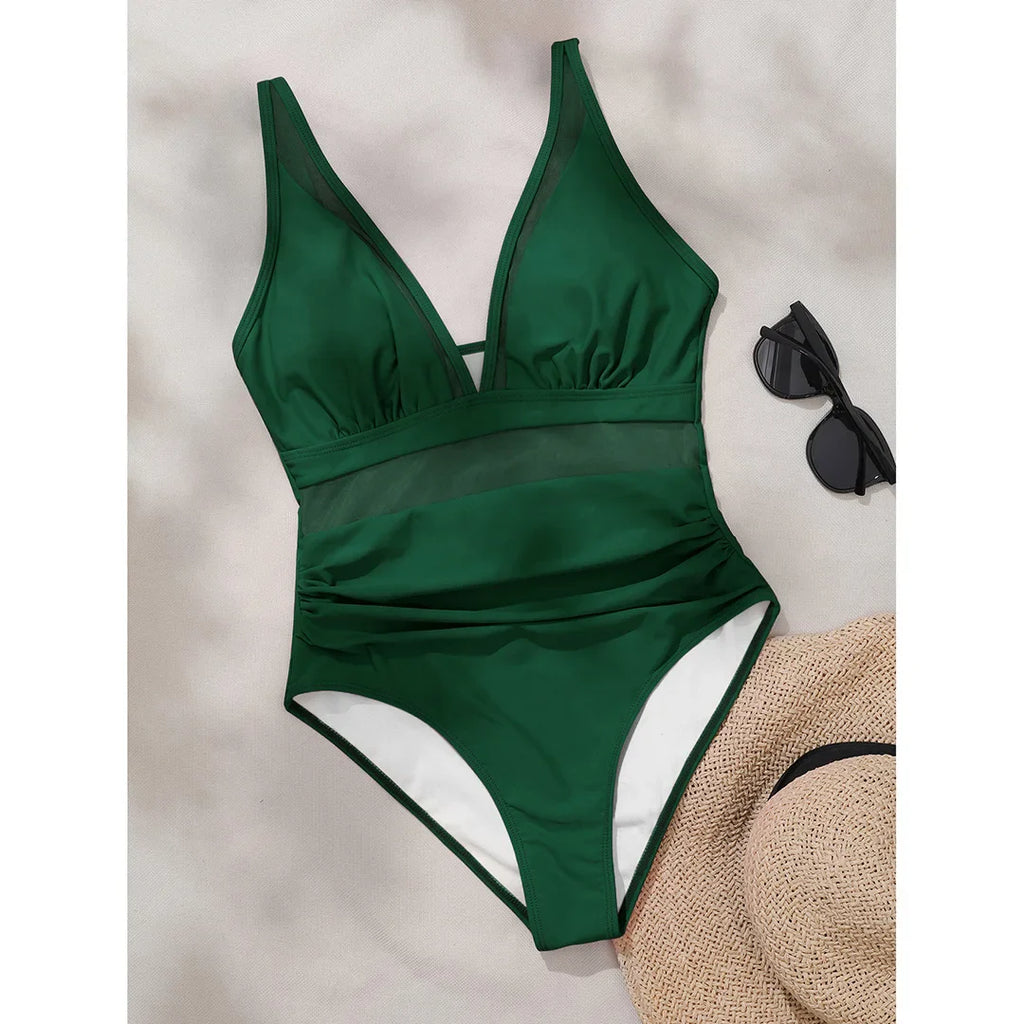 Mesh Leopard Print Monokini V-Neck Dark Green