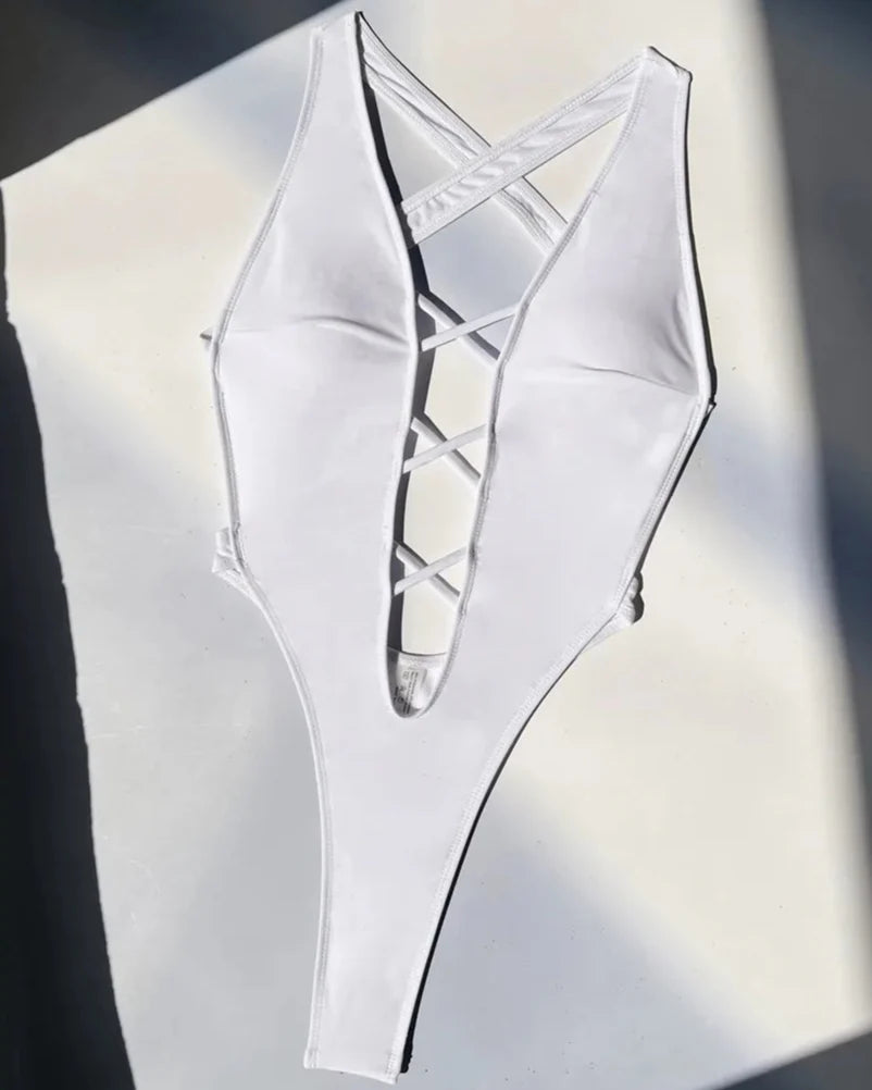 Deep V Neck Mini Thong Monokini White
