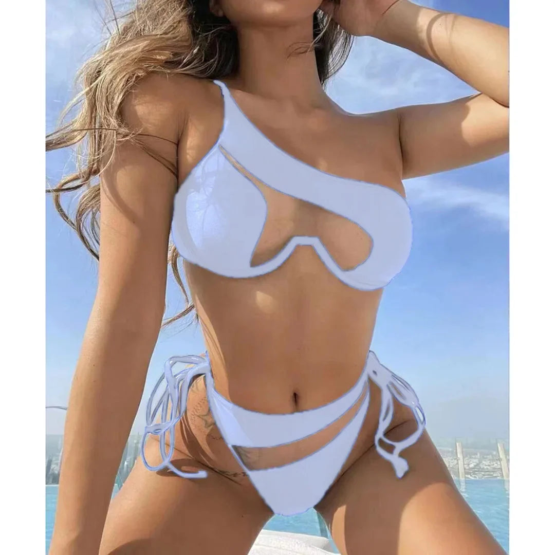 One Shoulder Underwired Bikini Set White