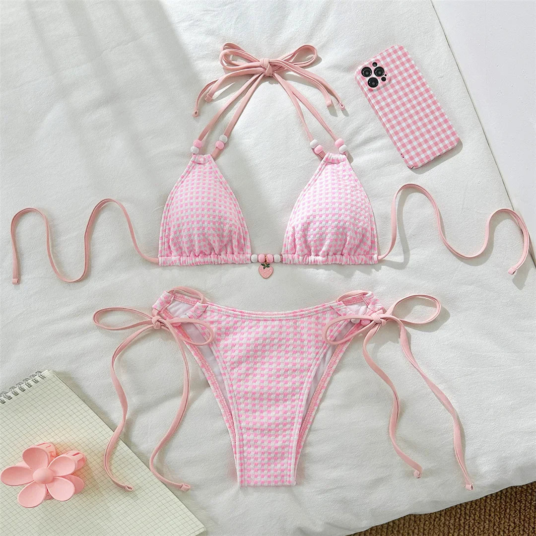 Plaid Halter High Leg Bikini Set