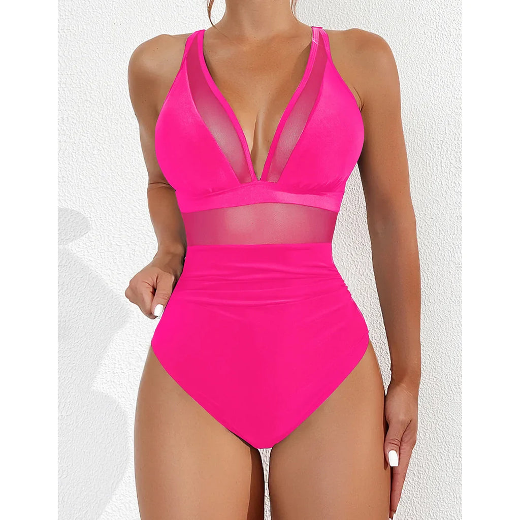 Mesh Leopard Print Monokini V-Neck