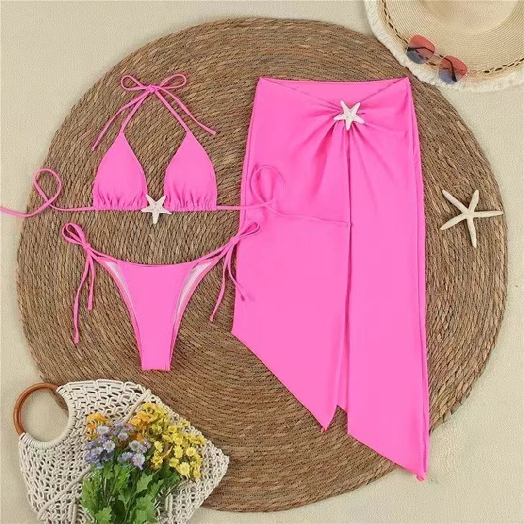 Star Halter Bikini Set with Skirt Hot Pink