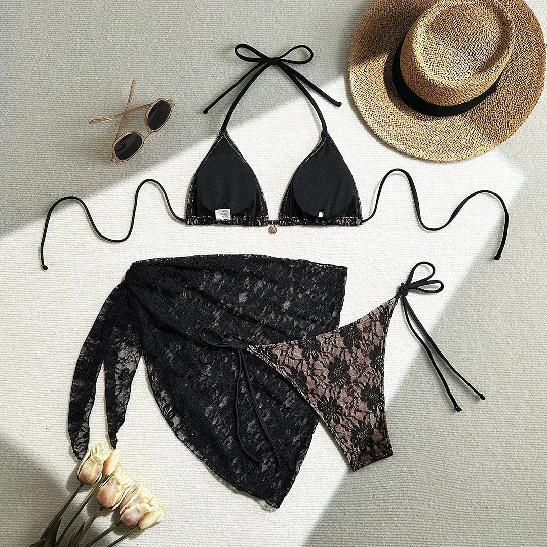 Lace Halter High Cut Bikini Set