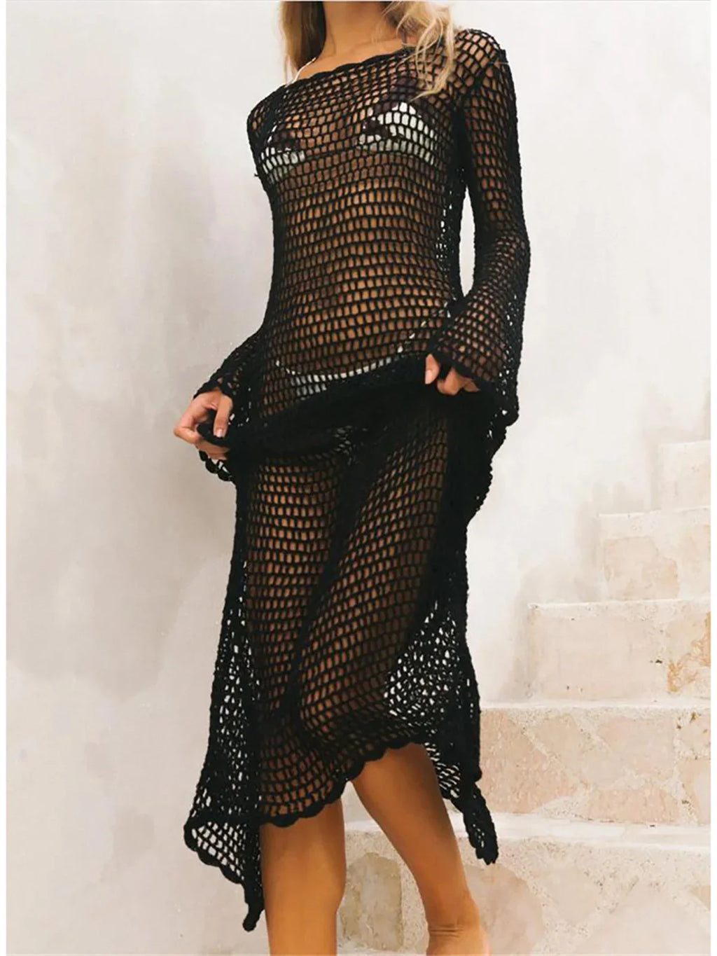 Backless See Through Crochet Tunic Black