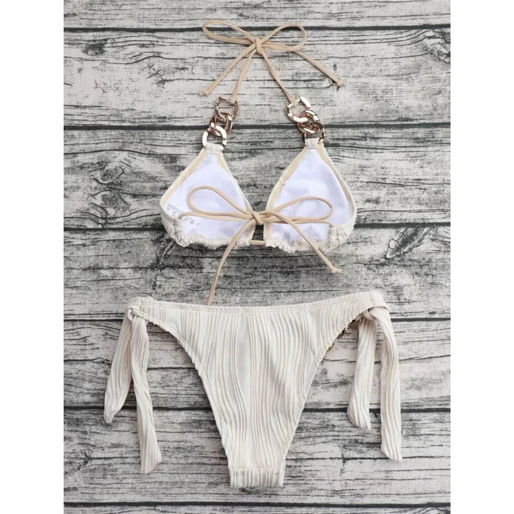 Metal Rings Halter Wrinkled Bikini Set