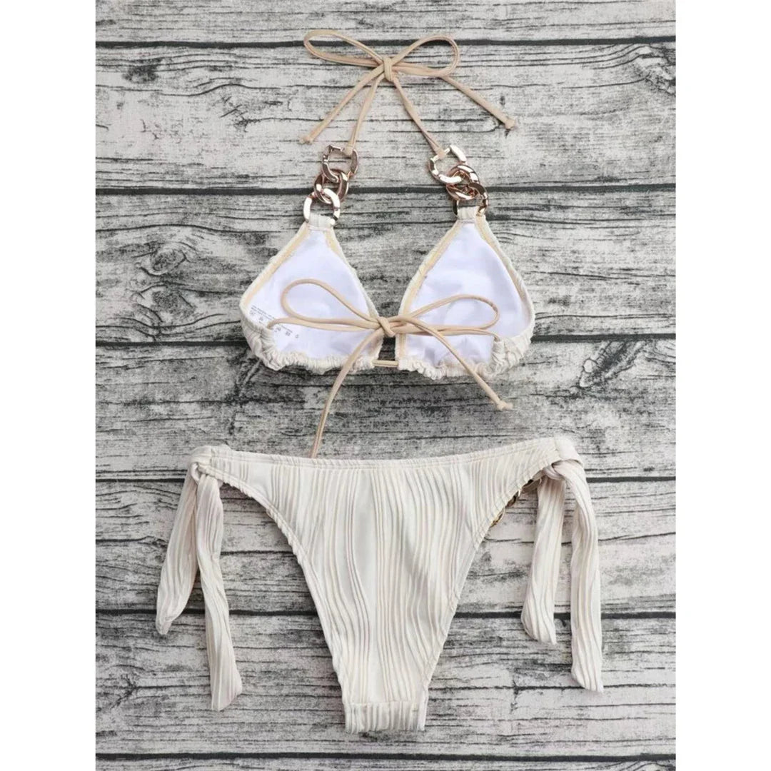 Metal Rings Halter Wrinkled Bikini Set