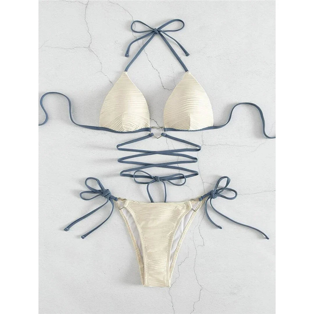 Wrap Halter Wrinkled Bikini Set Light Yellow