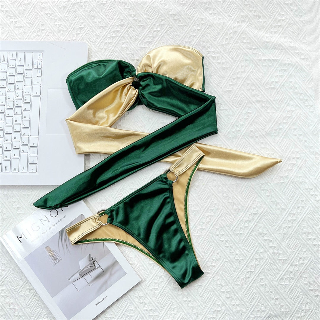Splicing Bandeau Strapless Bikini
