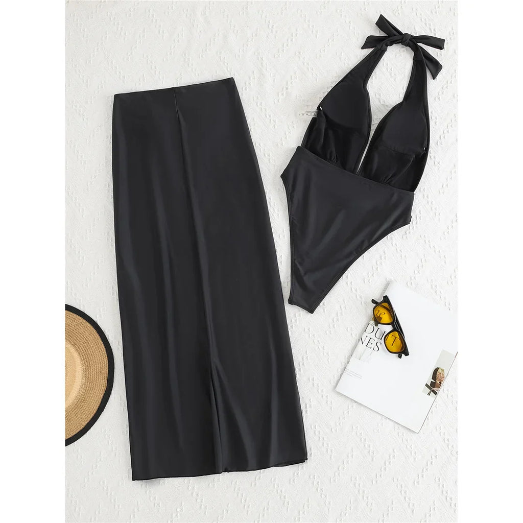 Deep Halter Swimsuit Skirt