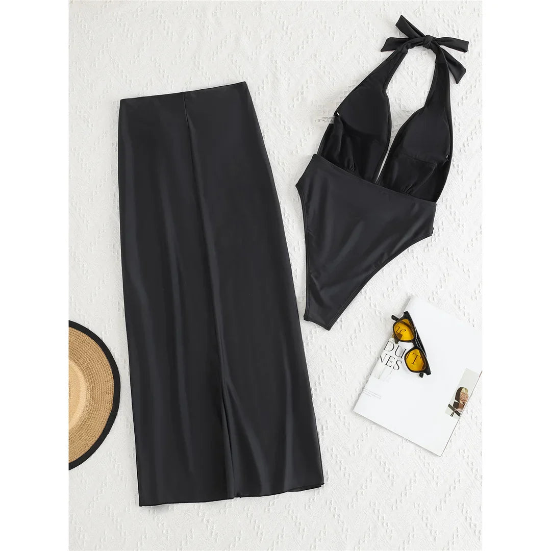Deep Halter Swimsuit Skirt