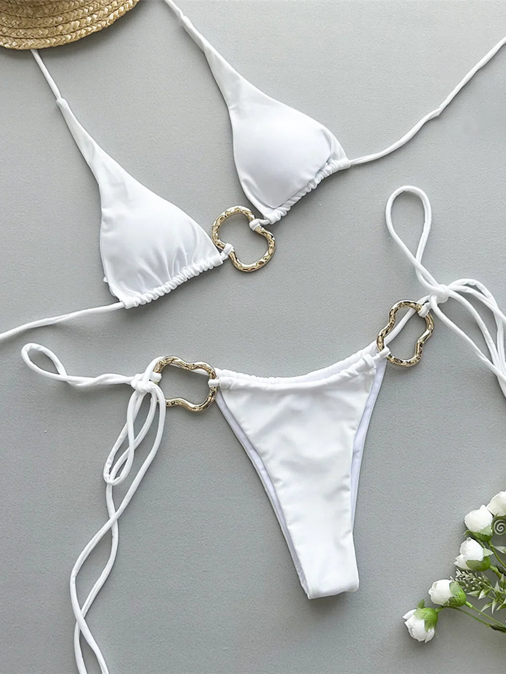 Metal Rings Halter Strappy Bikini