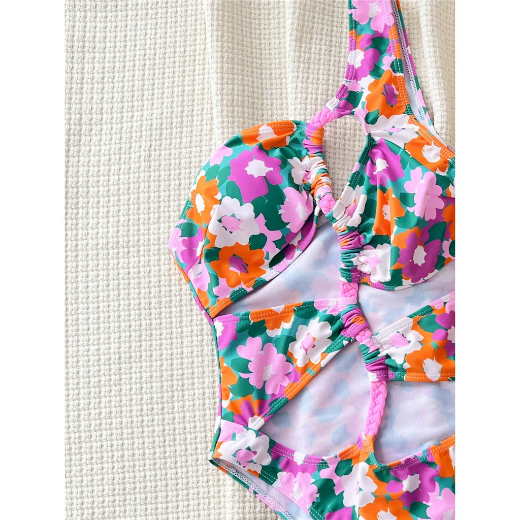 Floral Asymmetric One Shoulder Swimsuit