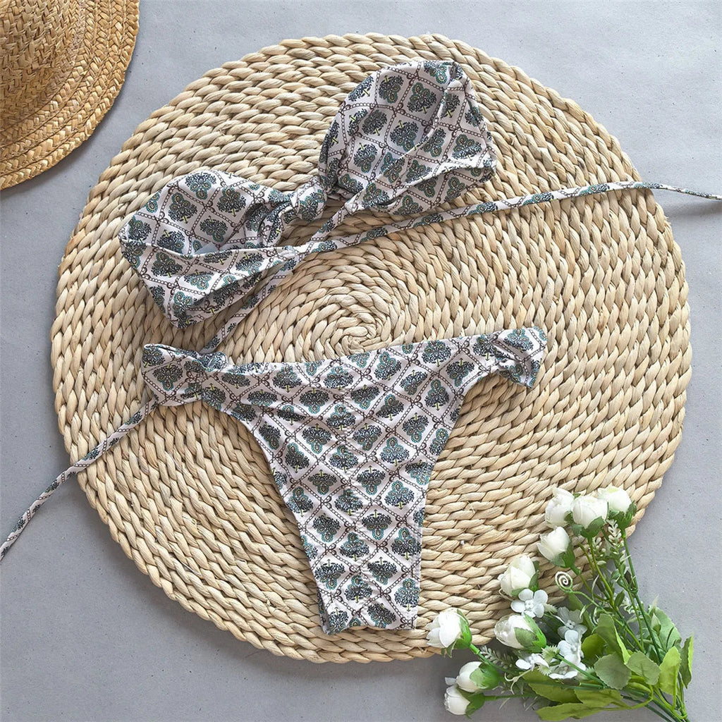 Printed Bandeau Knotted Bikini