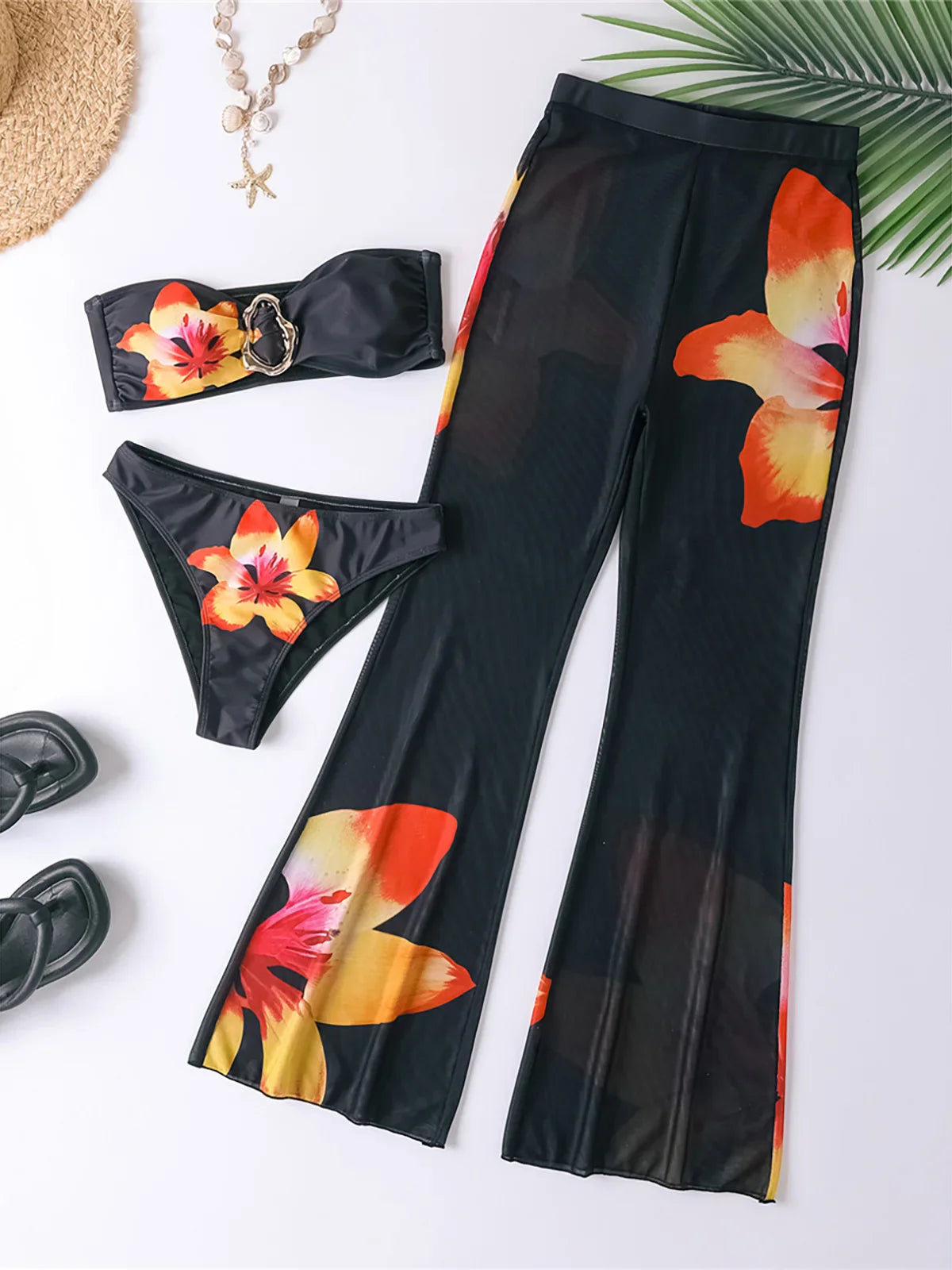 Floral Printed Bikini Set Pants Black Flowers