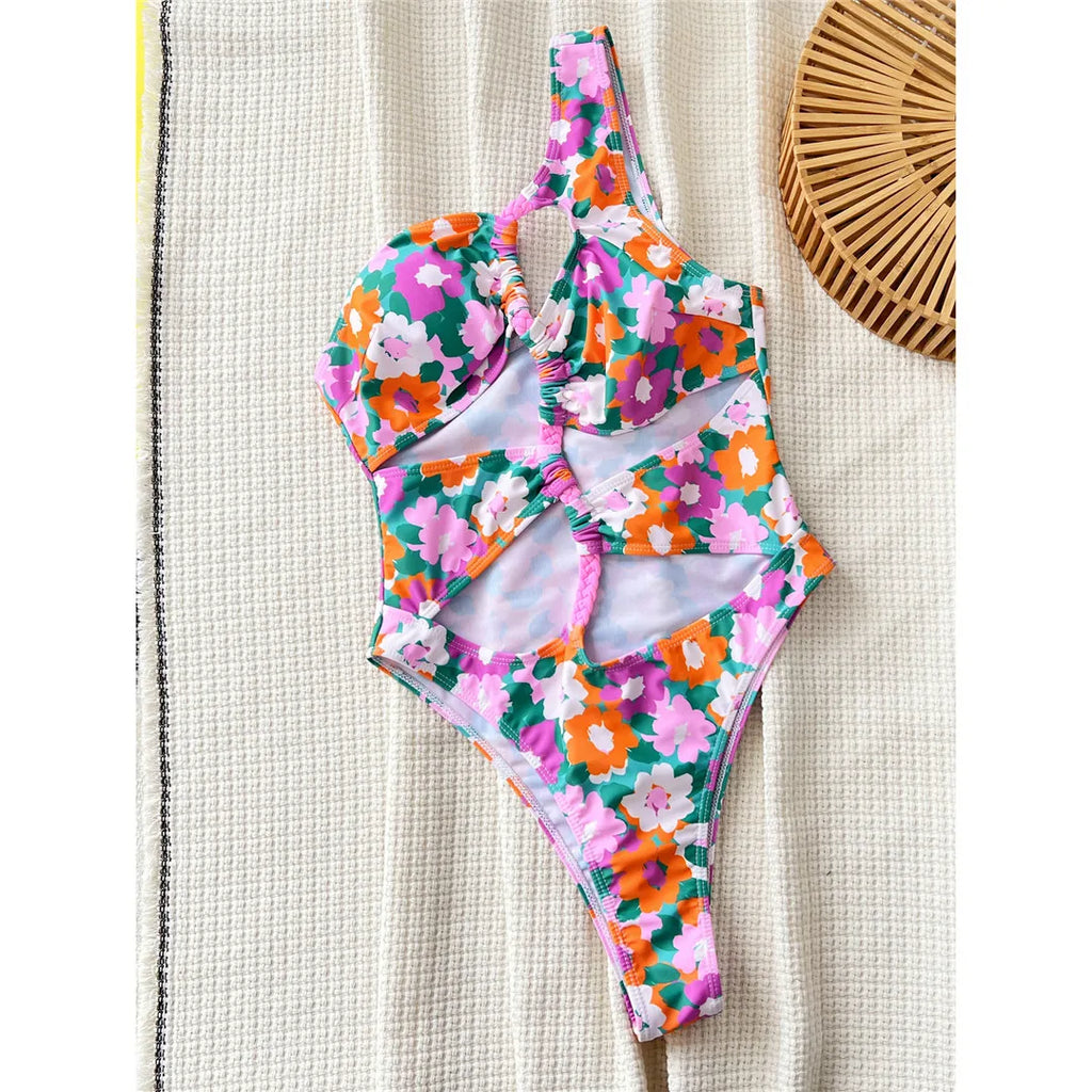 Floral Asymmetric One Shoulder Swimsuit