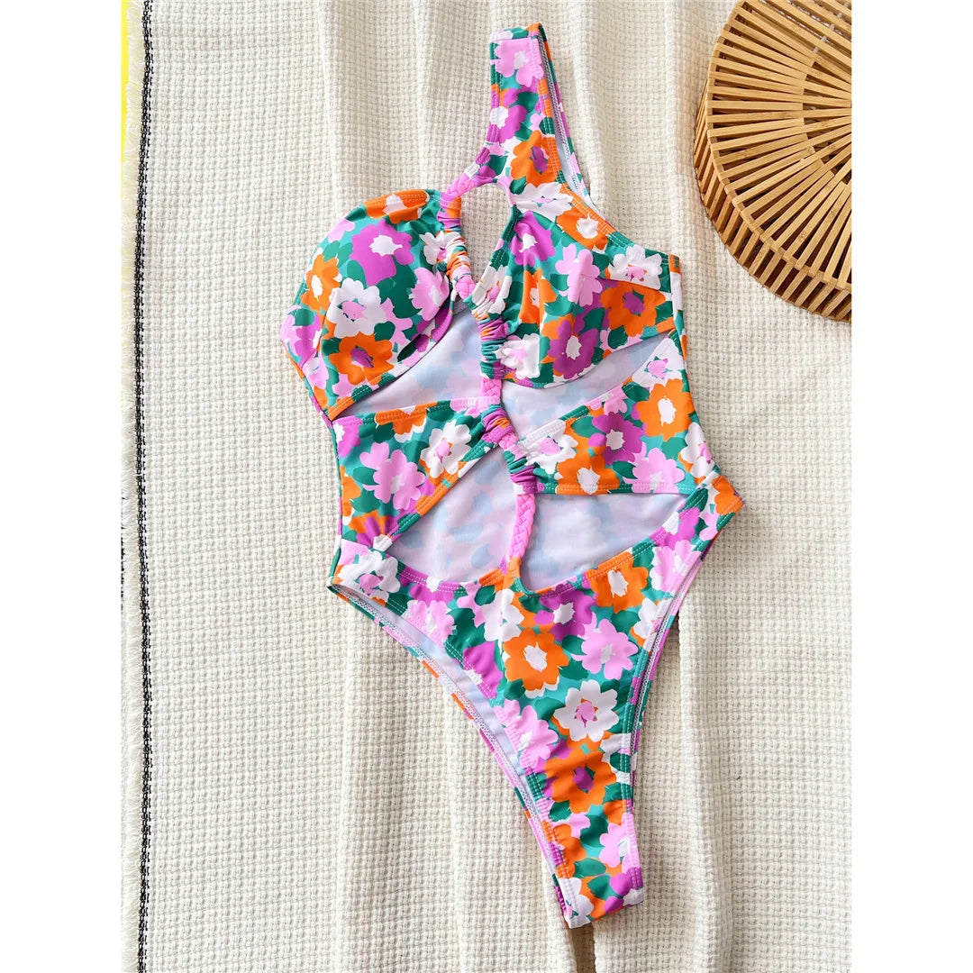 Floral Asymmetric One Shoulder Swimsuit