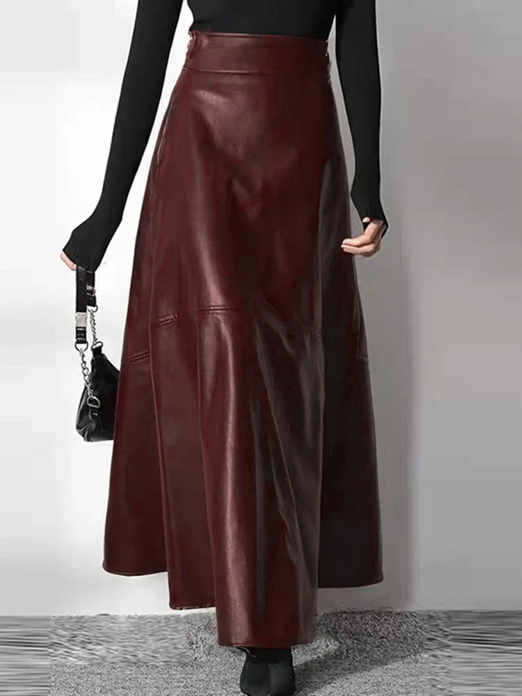 Women’s High Waist Leather Long Skirt