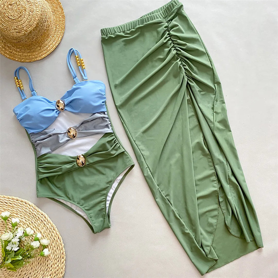Splicing Knotted Skirt Monokini Set Green