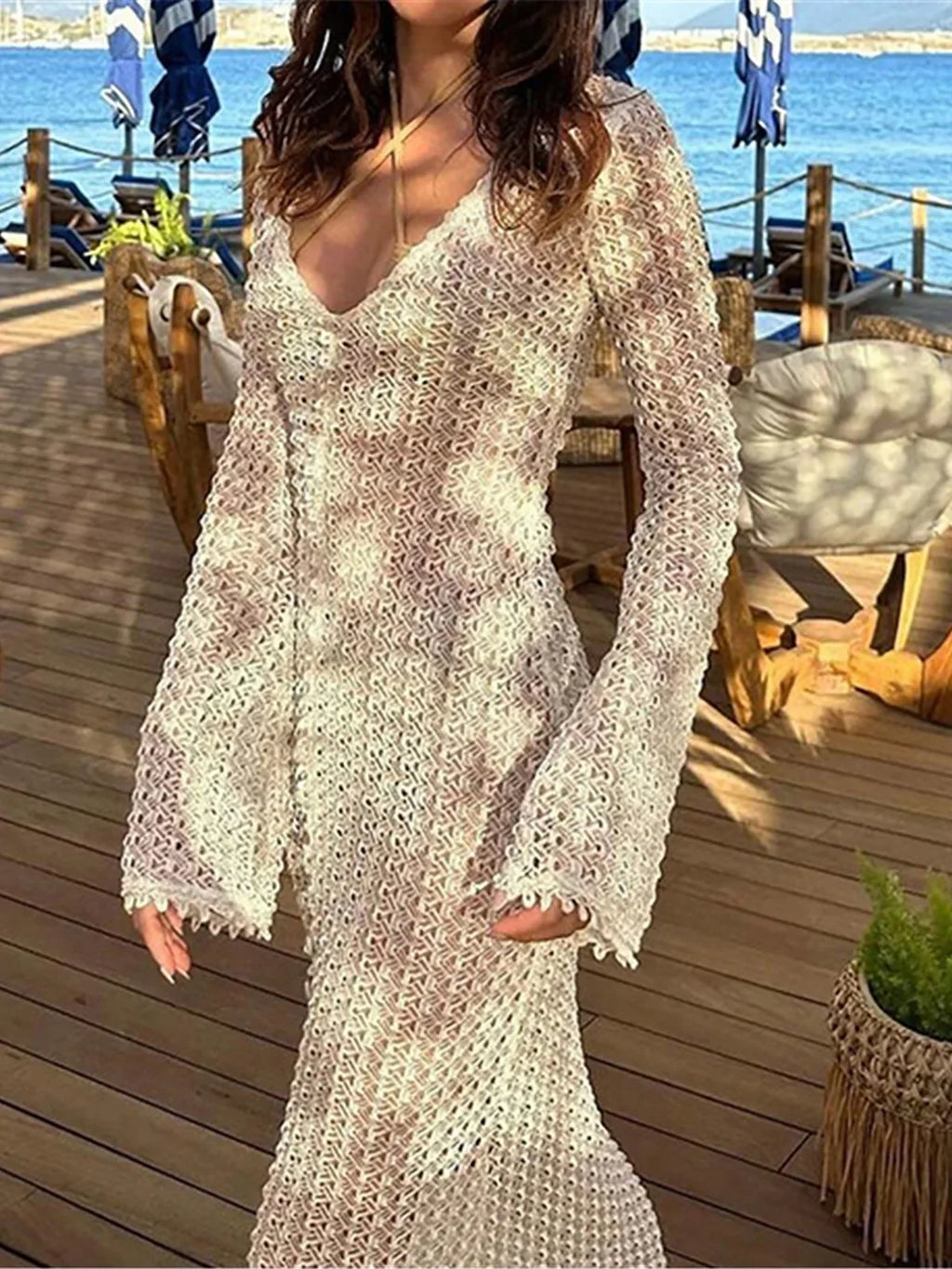Long Sleeve Crochet Beach Tunic White One Size