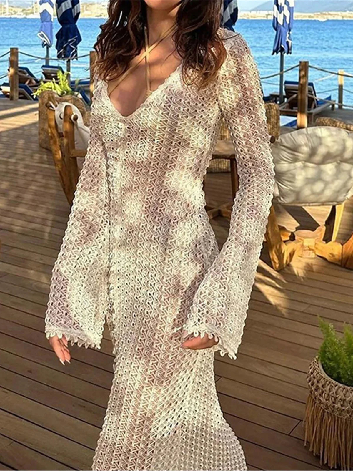 Long Sleeve Crochet Beach Tunic White One Size