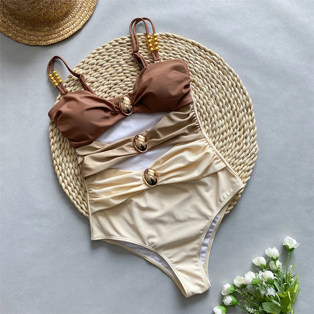 Splicing Knotted Skirt Monokini Swimsuit Brown