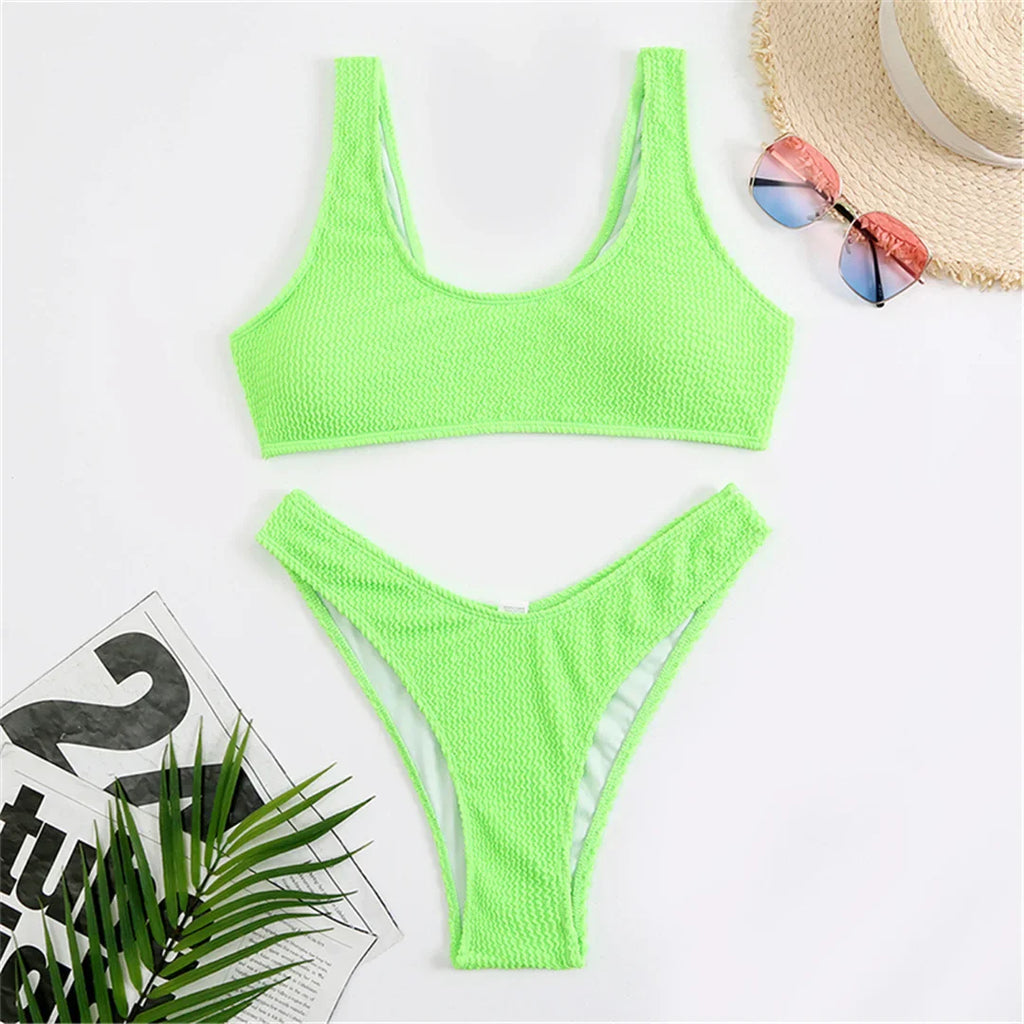 High Cut Wrinkled Bikini Set Green