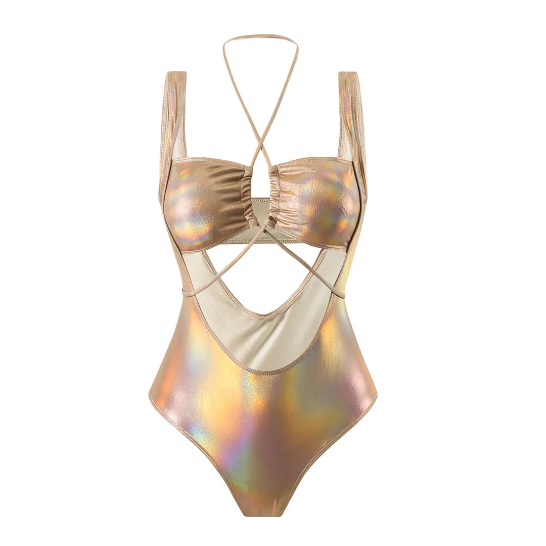Shiny PU Faux Leather Monokini Gold Yellow